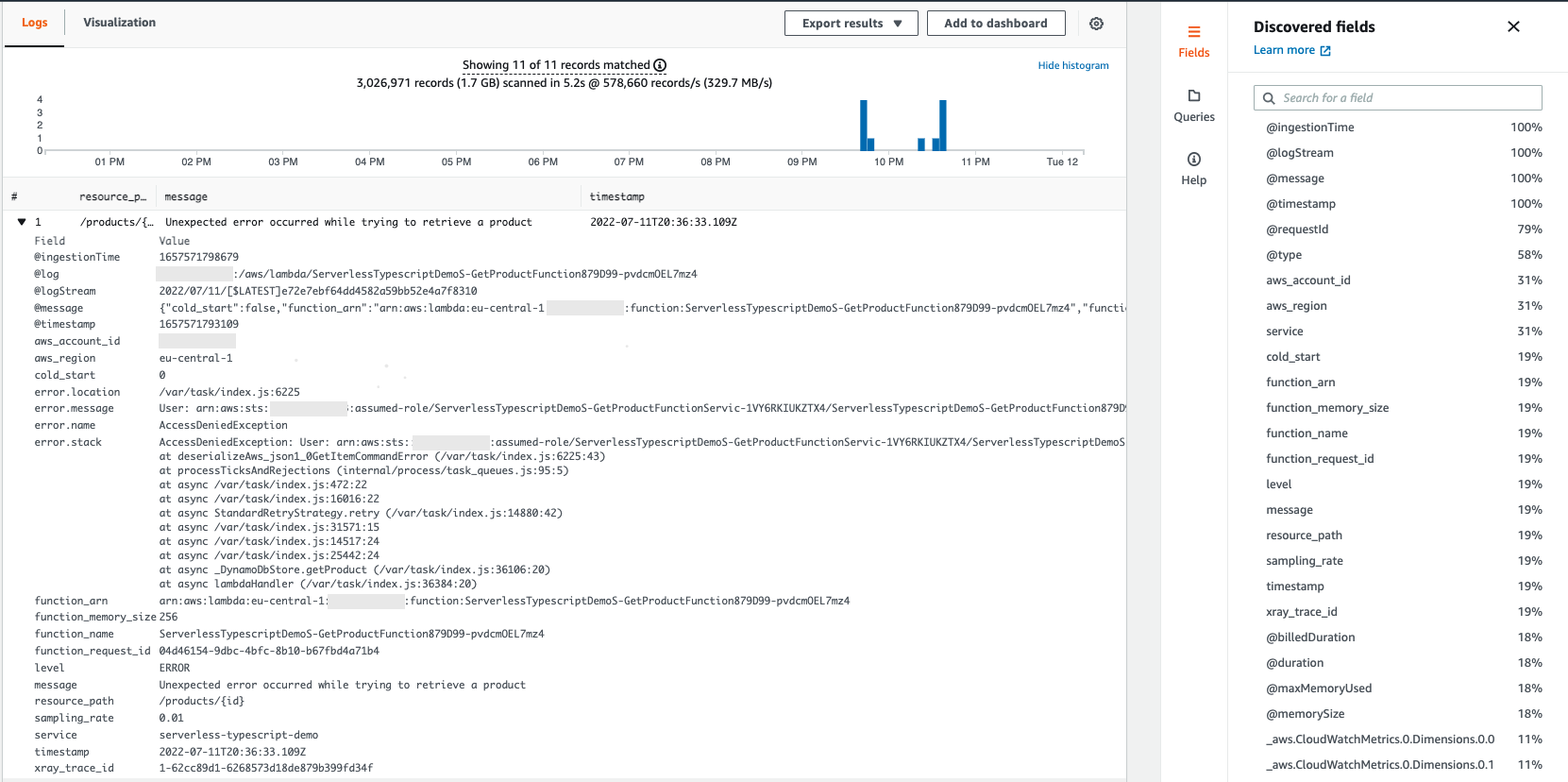 Screenshot of the Amazon CloudWatch Console showing an example of error logged with various log attributes